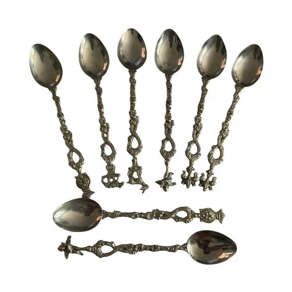 Vintage Italian Silver Tone Demitasse Souvenir Spoons Set of 8 Figural Handles